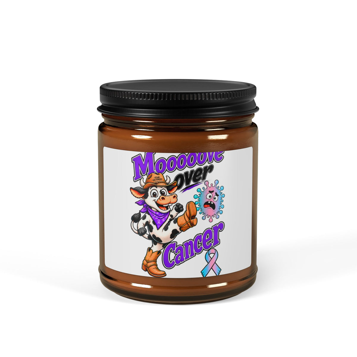 Close-up of Moooove Over Cancer soy candle in an amber jar with Thyroid Cancer awareness ribbon