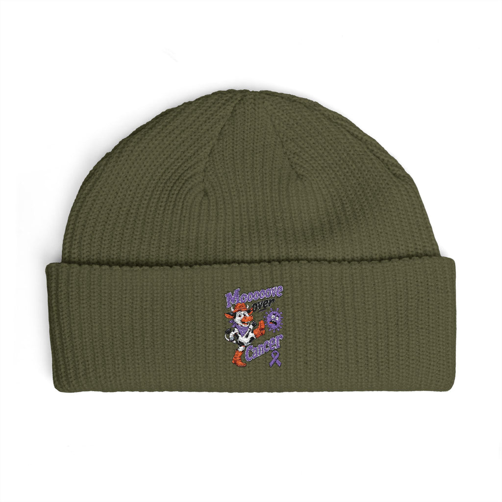 Dark olive Moooove Over Cancer embroidered cuff beanie with colorful awareness artwork