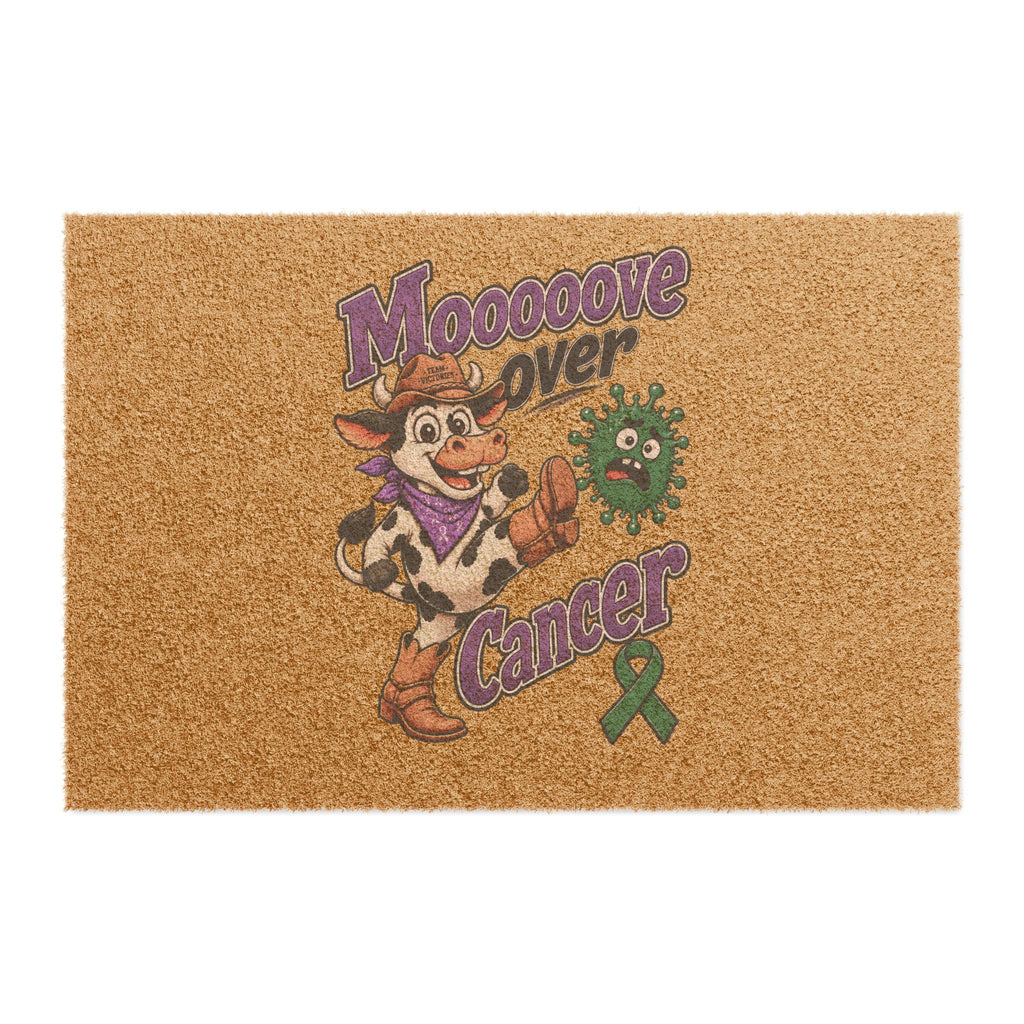 Moooove Over Cancer coir door mat with a cow design and green Liver Cancer awareness ribbon