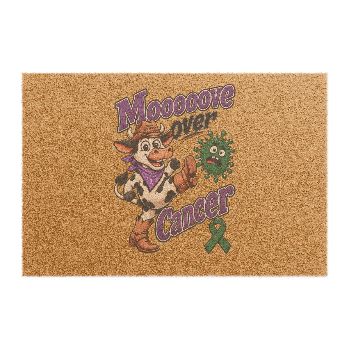 Moooove Over Cancer coir door mat with a cow design and green Liver Cancer awareness ribbon