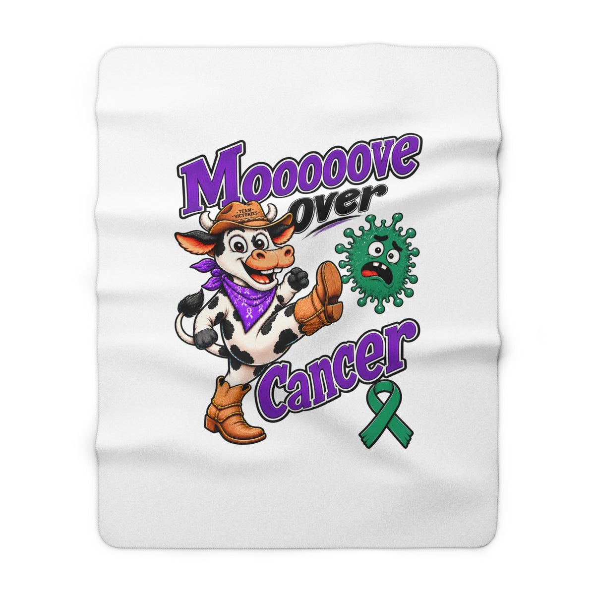 Moooove Over Cancer cow sherpa blanket featuring a green Liver Cancer awareness ribbon