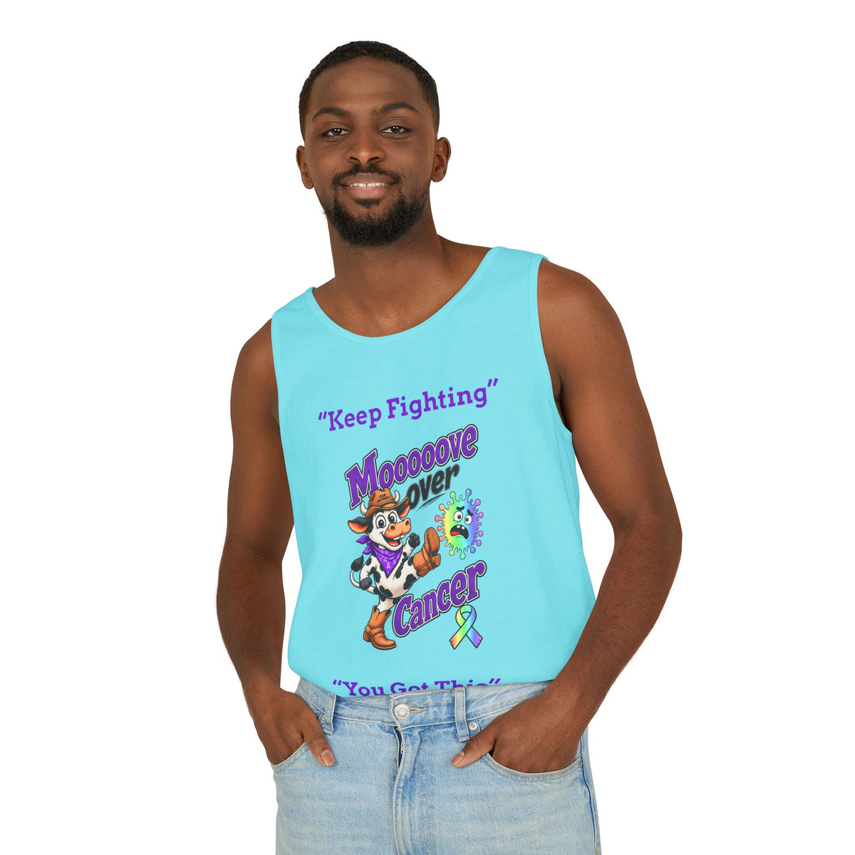 Woman modeling a blue-gray Moooove Over Cancer tank top with all-cancer awareness ribbon