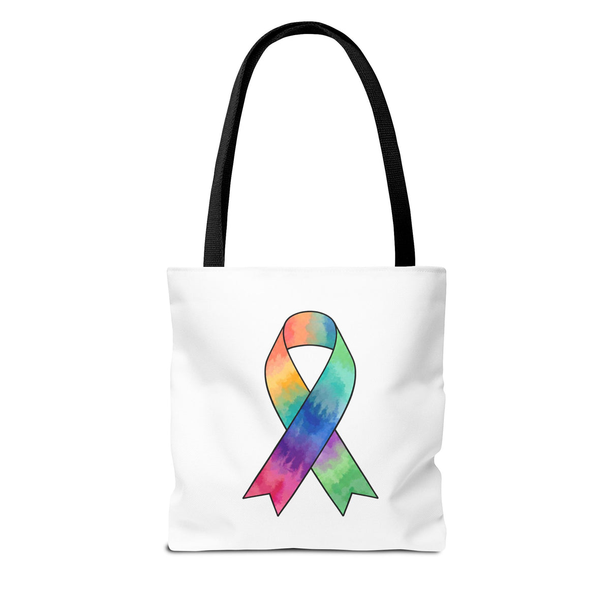 Tote bag with a colorful cancer awareness ribbon and black handles