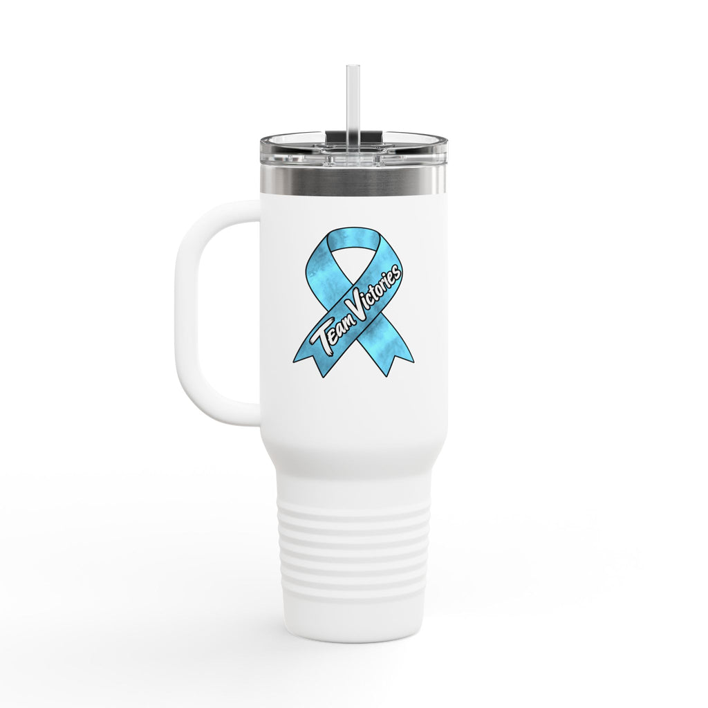 Team Victories ribbon design on white 40 oz travel mug for Prostate Cancer awareness
