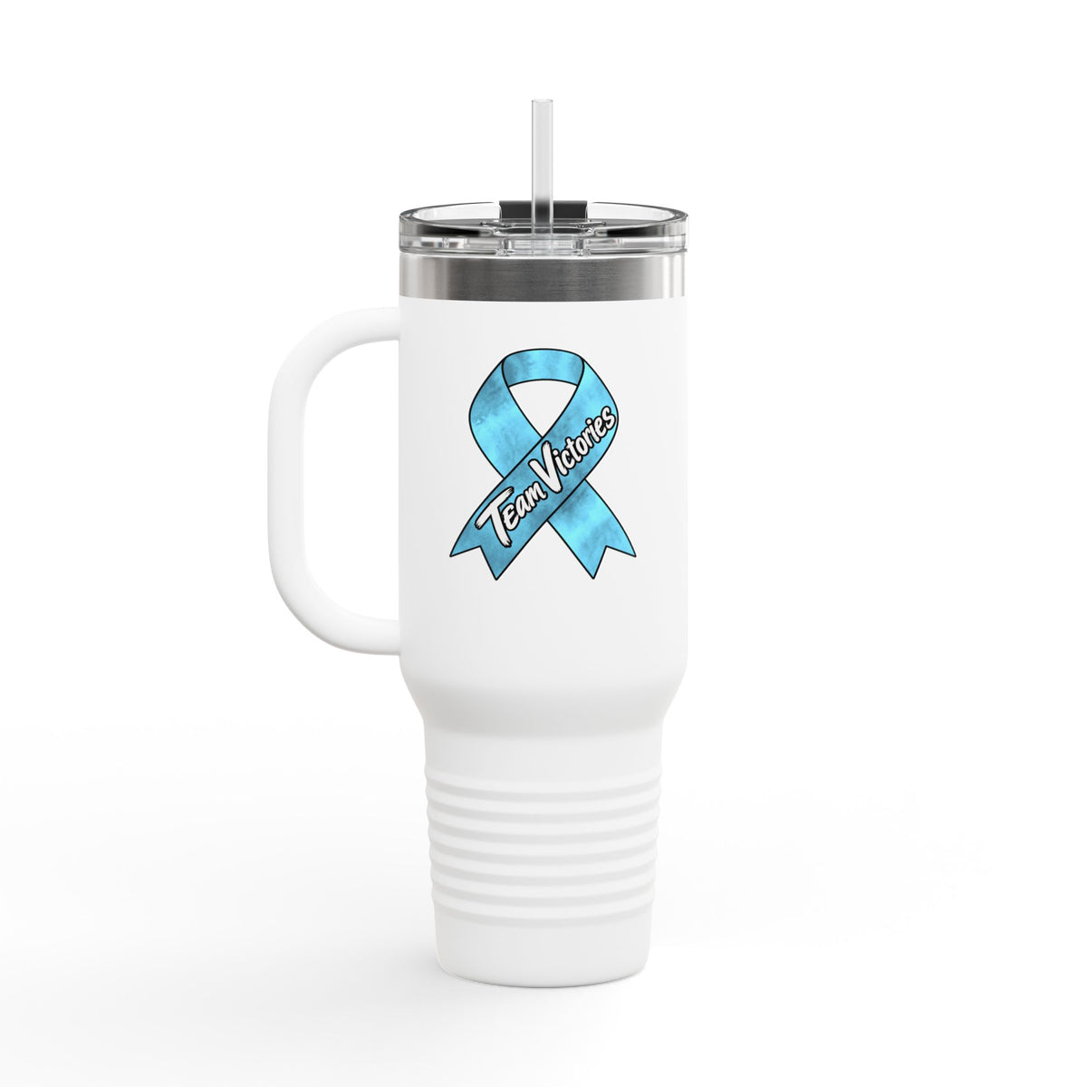 Team Victories ribbon design on white 40 oz travel mug for Prostate Cancer awareness