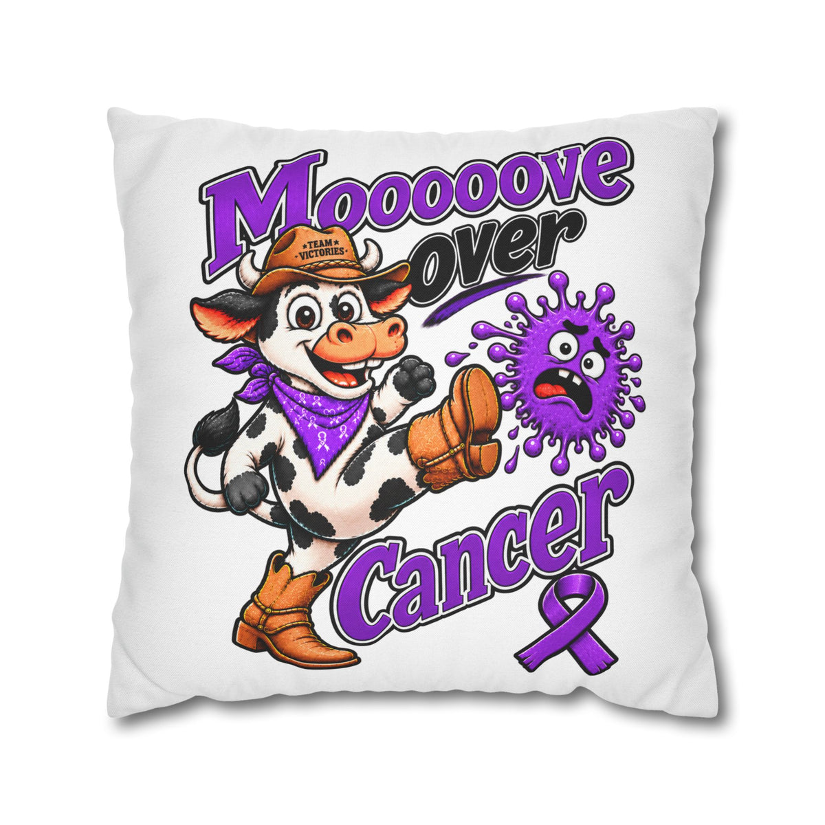 Moooove Over Cancer pillow cover with playful cow, cancer message, and Pancreatic Cancer awareness ribbon
