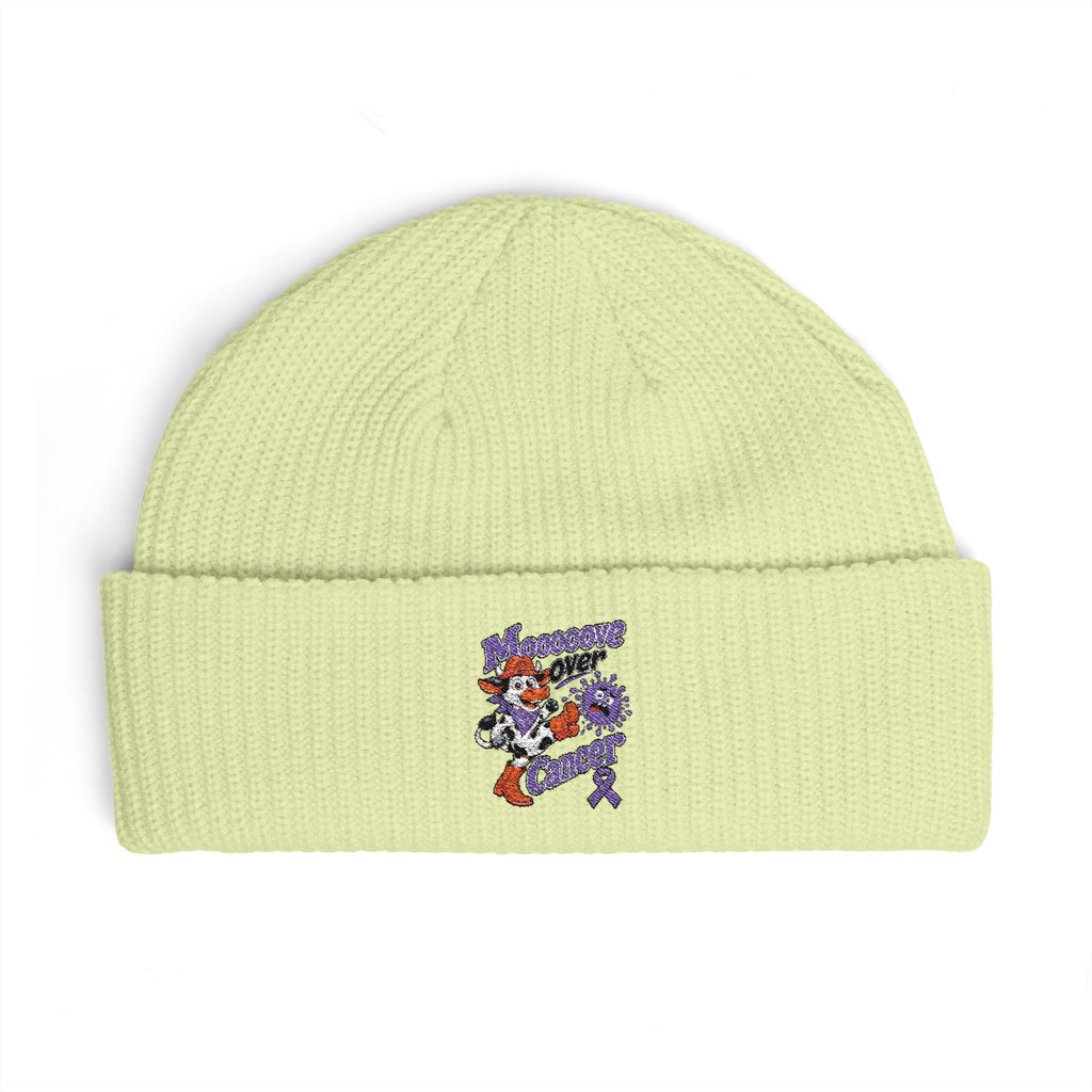 Light yellow Moooove Over Cancer embroidered cuff beanie