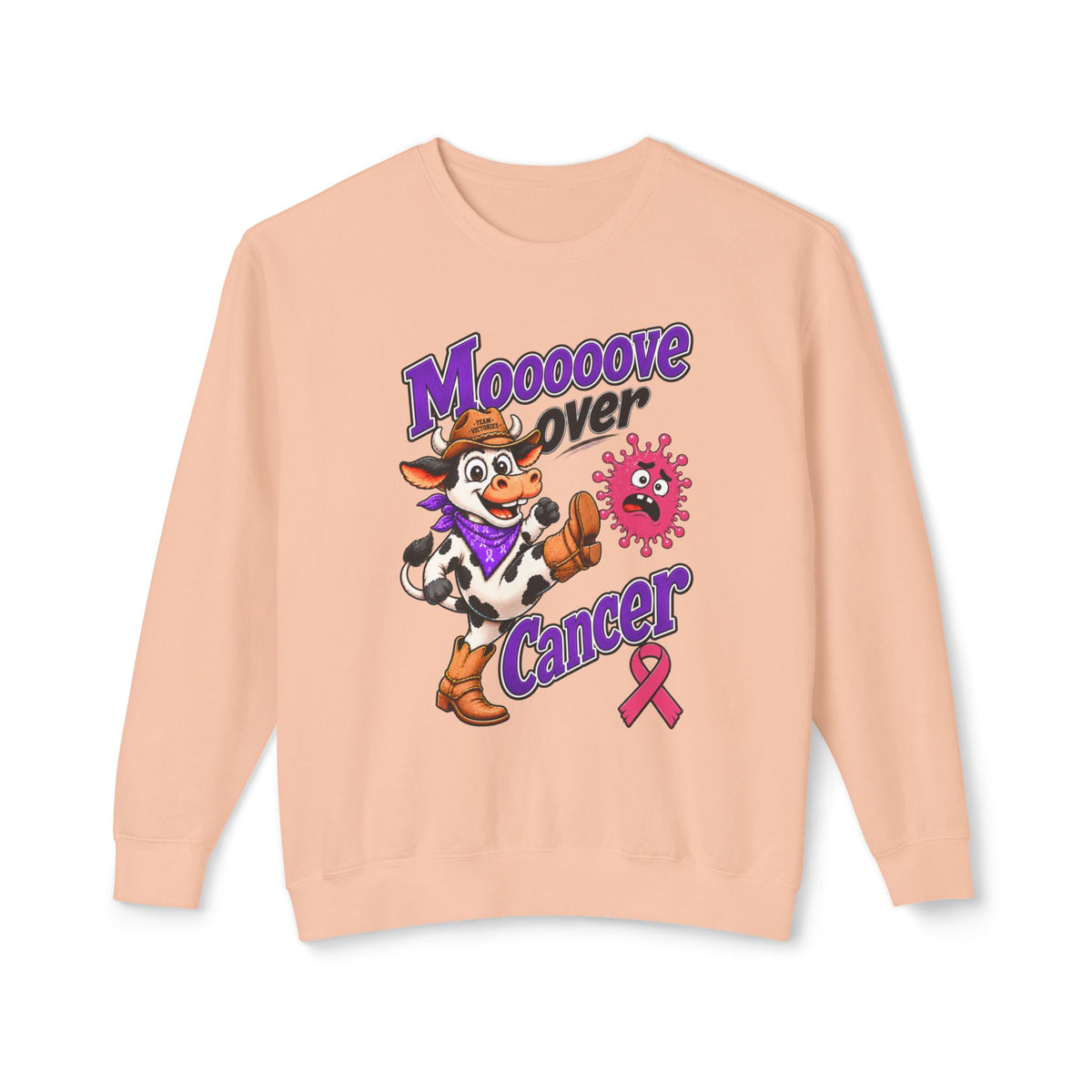 Front view of Moooove Over Cancer crewneck with cow graphic and pink Breast Cancer awareness ribbon