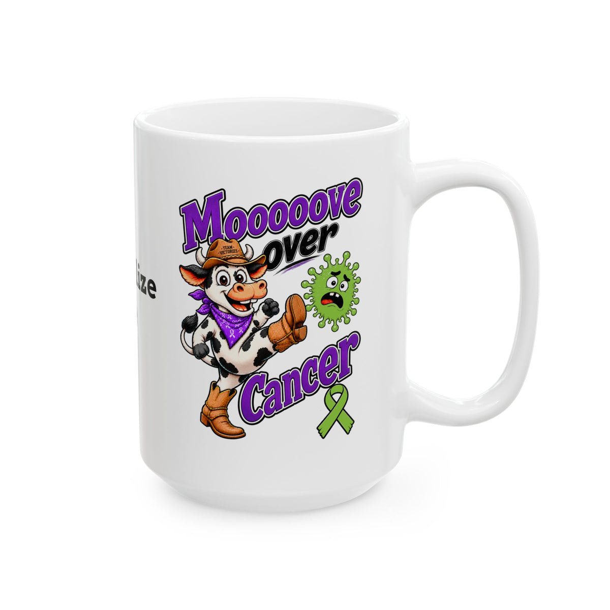 Front view of Moooove Over Cancer mug with cow artwork and awareness ribbon