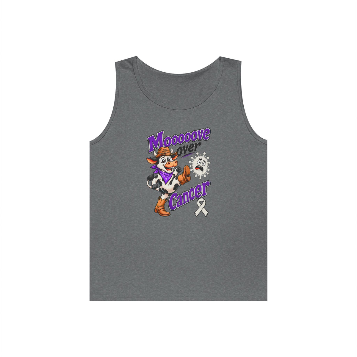 Moooove Over Cancer tank top with Lung Cancer awareness ribbon in charcoal