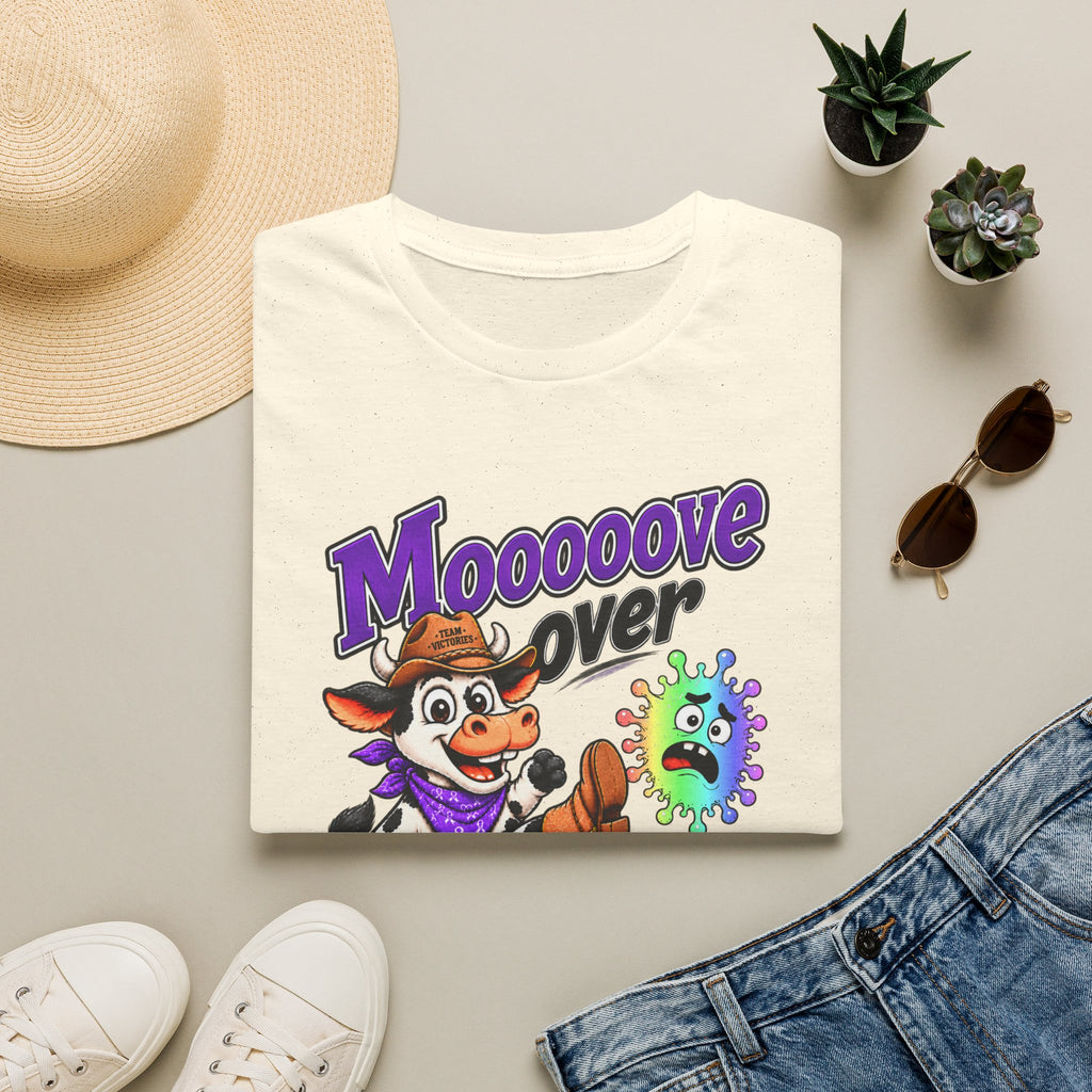 Folded speckled cream Moooove Over Cancer T-shirt with Western design