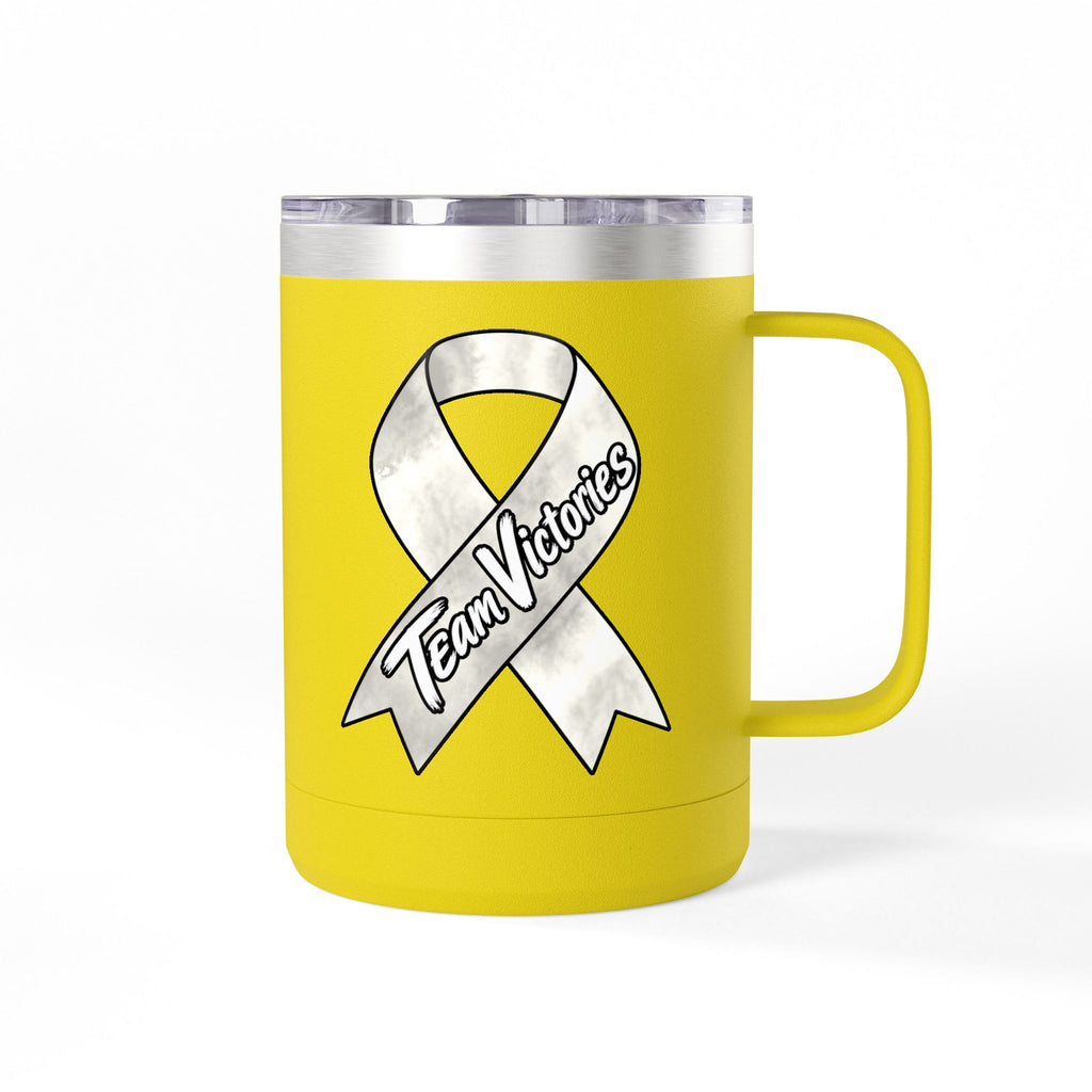 Yellow Team Victories insulated mug with a Lung Cancer awareness ribbon design