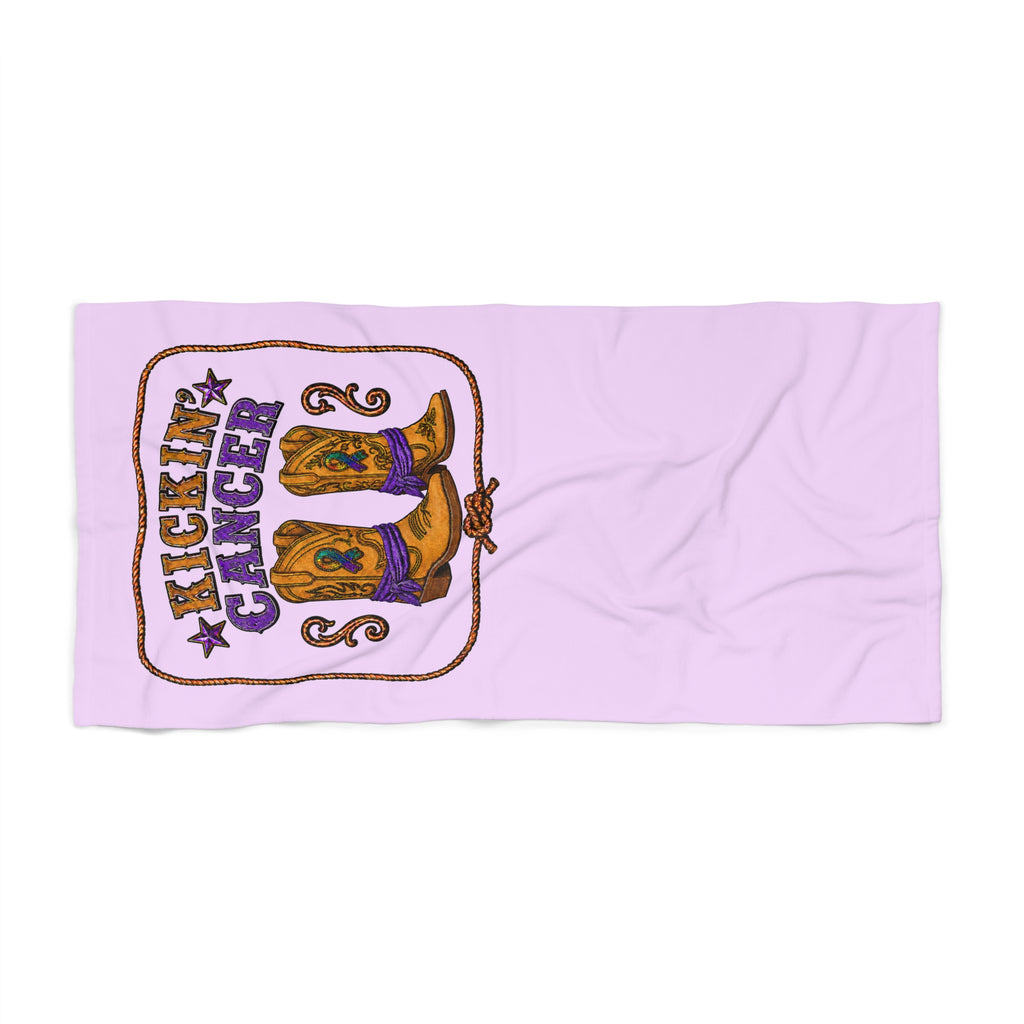 Kickin’ Cancer mint beach towel laid flat, featuring western boot and awareness-ribbon artwork on the left side.