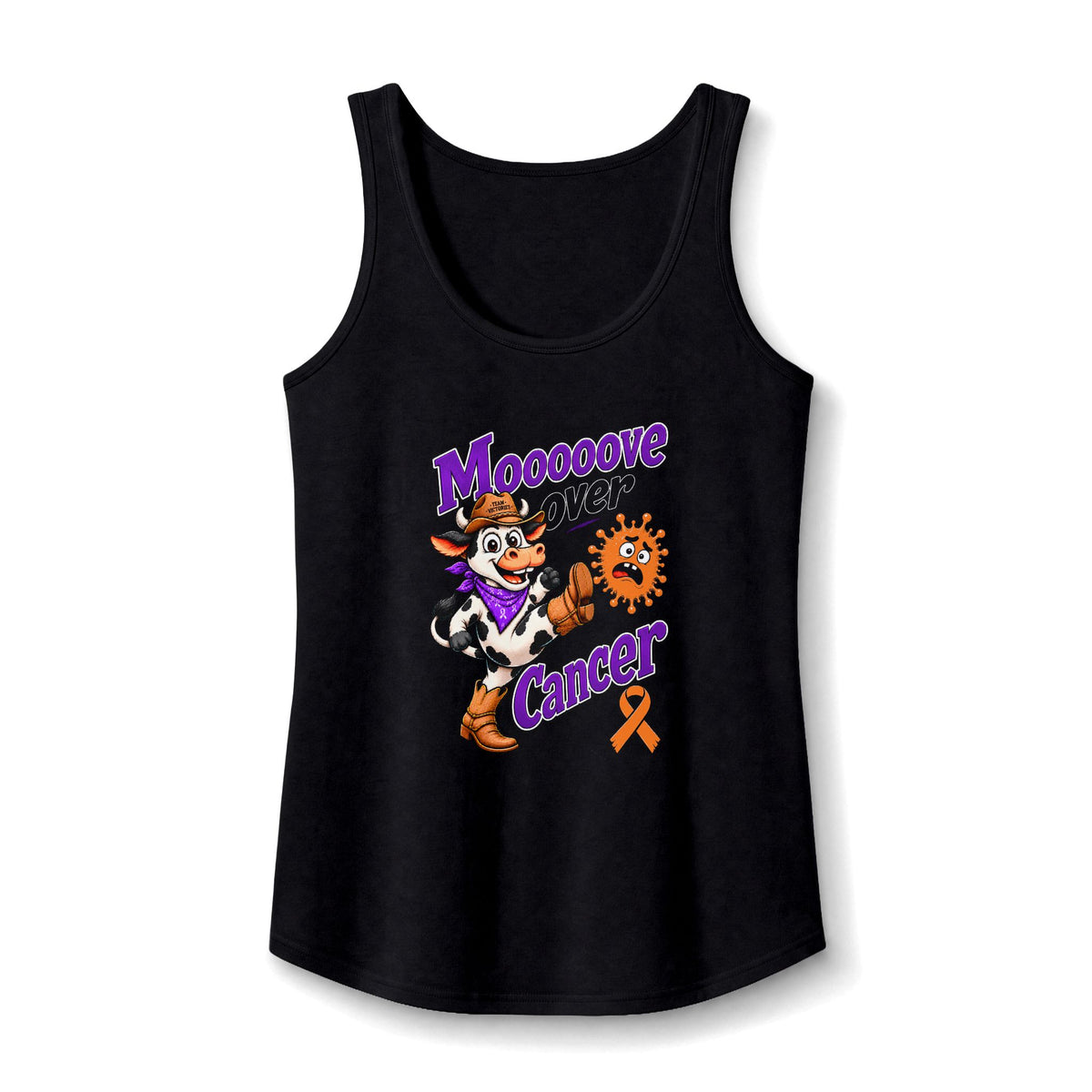 Black Moooove Over Cancer tank top with Leukemia/Kidney Cancer awareness ribbon artwork