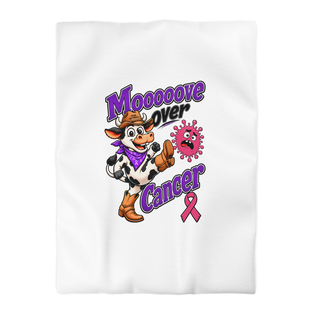 Moooove Over Cancer duvet cover displayed on a bed with Breast Cancer awareness ribbon artwork