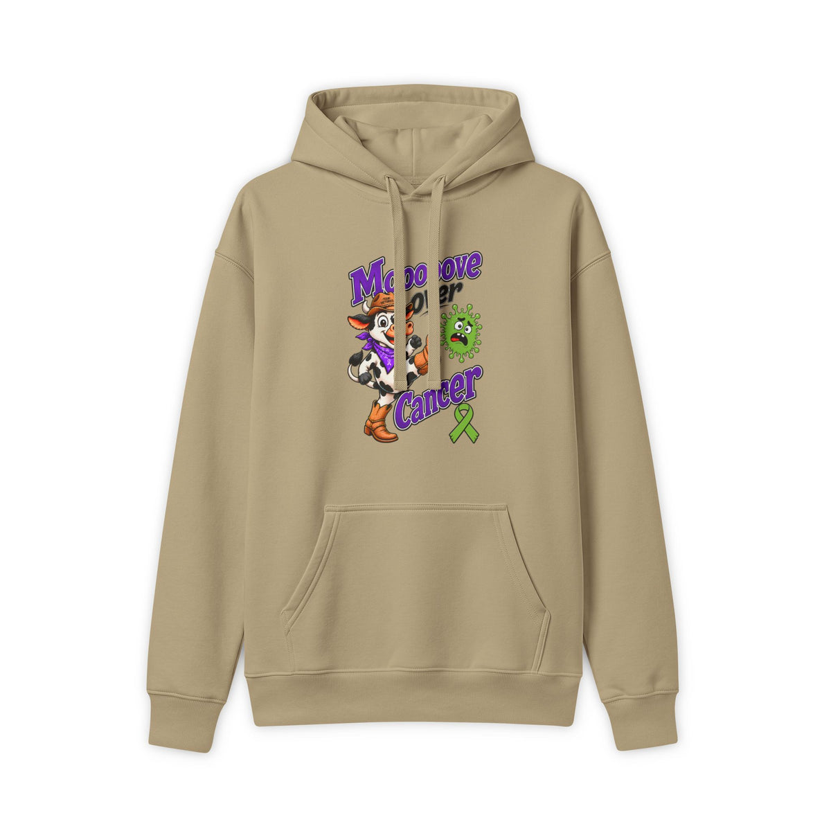 Moooove Over Cancer hoodie with Non-Hodgkin/Lymphoma Cancer awareness ribbon, tan front view
