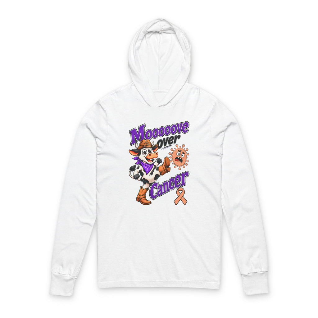 White Moooove Over Cancer hooded long-sleeve tee with cow artwork and Uterine Cancer awareness ribbon