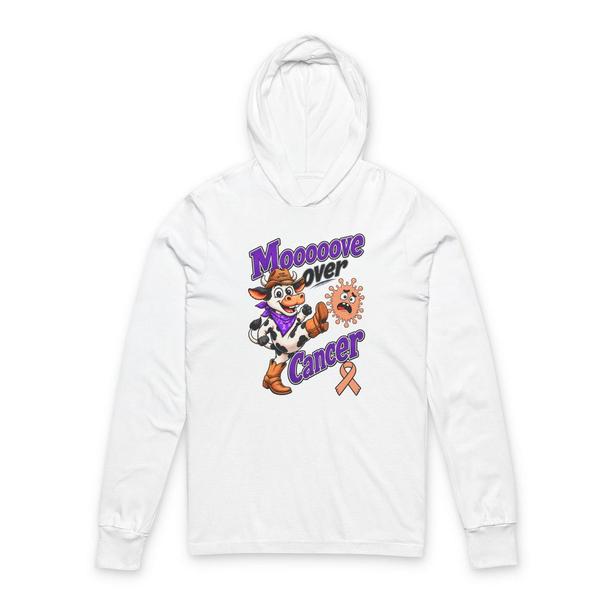 White Moooove Over Cancer hooded long-sleeve tee with cow artwork and Uterine Cancer awareness ribbon