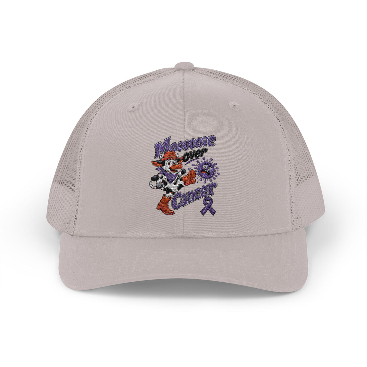 Red Moooove Over Cancer trucker hat with purple Pancreatic Cancer awareness ribbon
