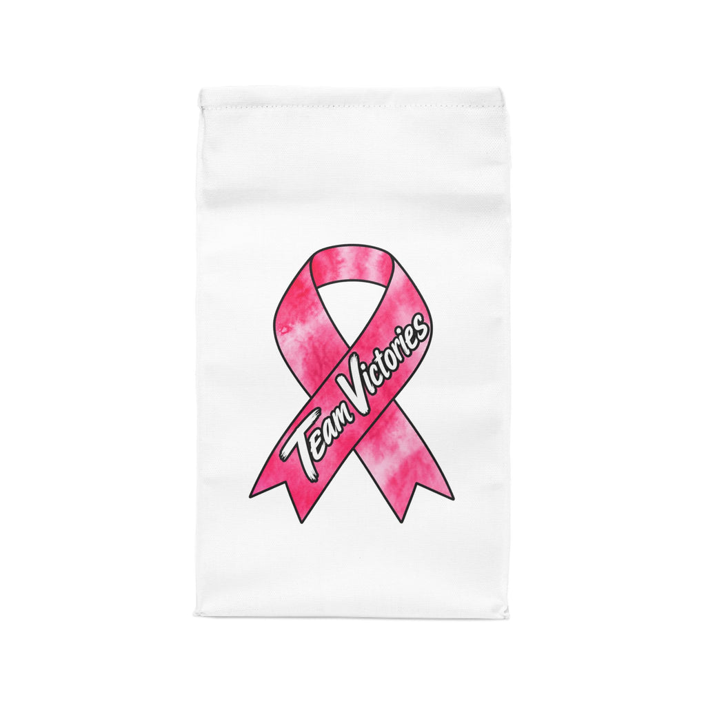 Back of Moooove Over Cancer lunch bag with Team Victories pink ribbon artwork