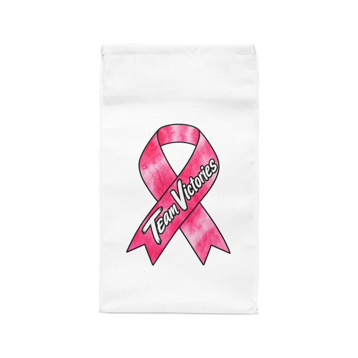 Back of Moooove Over Cancer lunch bag with Team Victories pink ribbon artwork