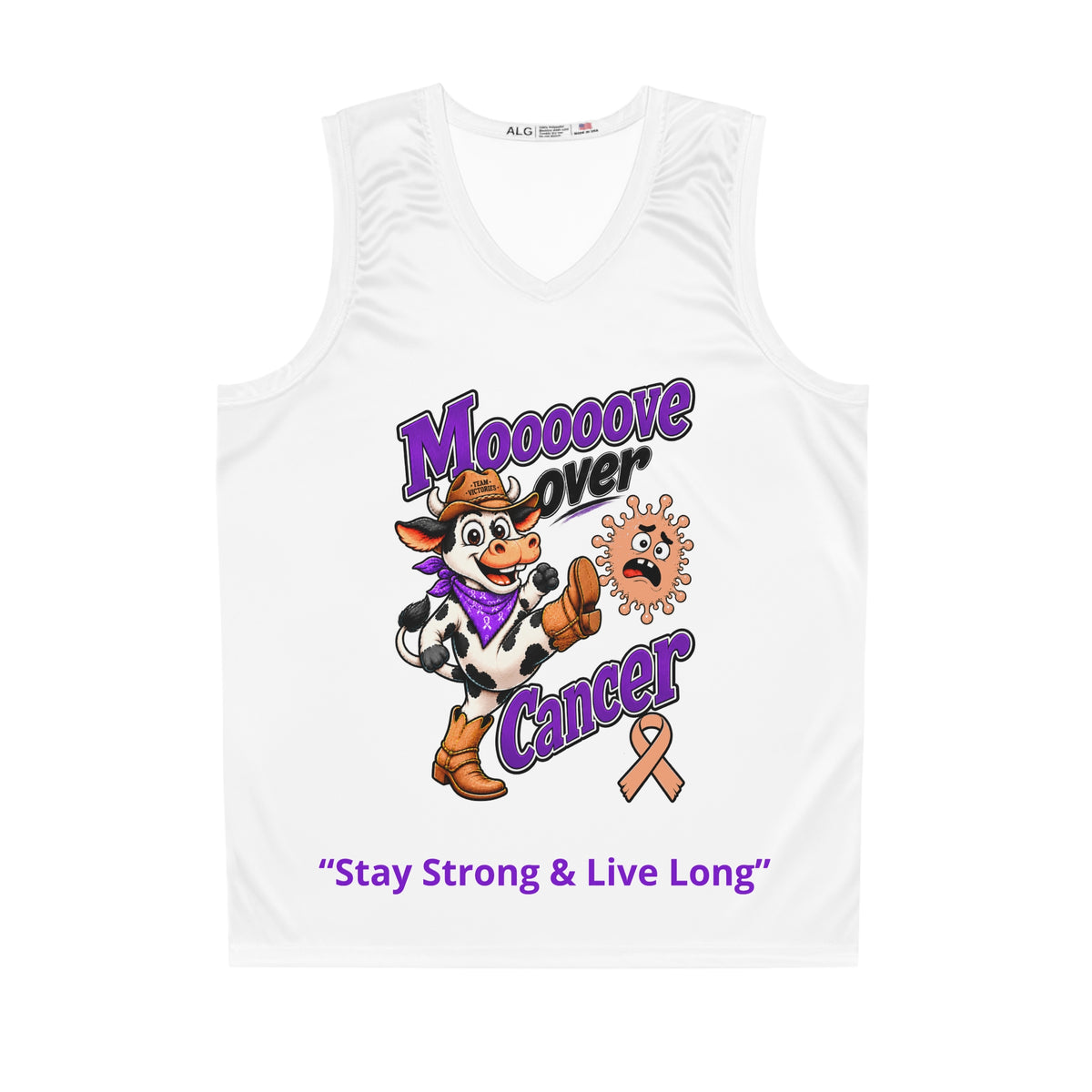 Moooove Over Cancer basketball jersey with western cow, awareness ribbon, and Stay Strong & Live Long design