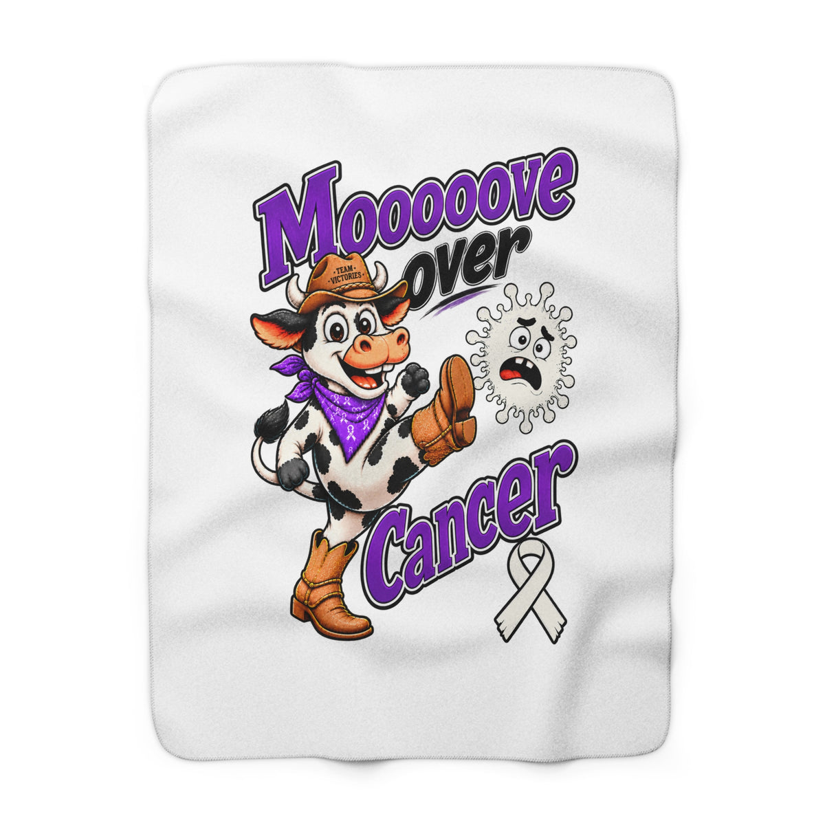 Moooove Over Cancer sherpa blanket with a playful cow and Lung Cancer awareness ribbon