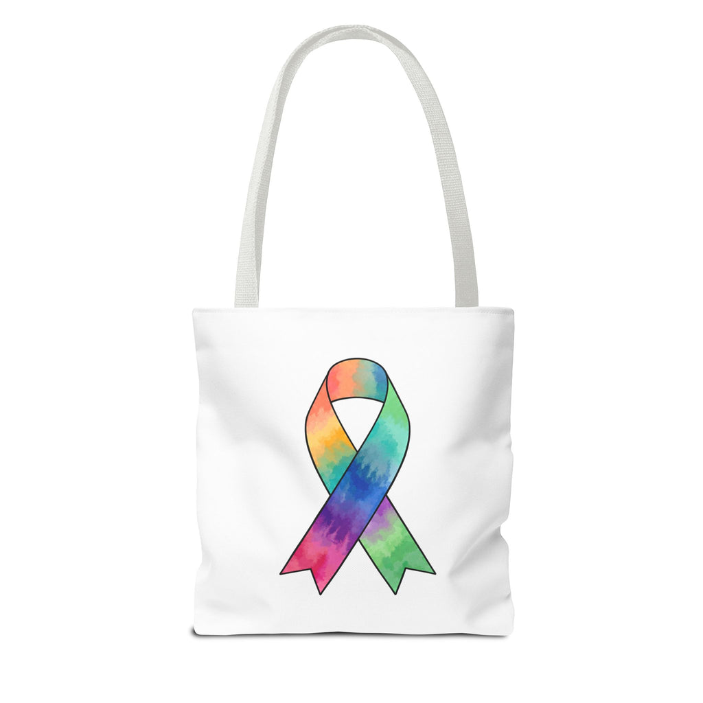 Tote bag with a colorful cancer awareness ribbon and white handles