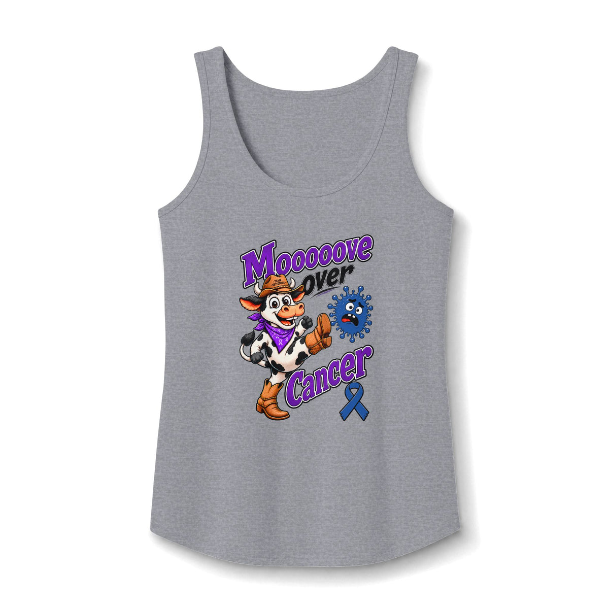 Moooove Over Cancer tank top with Colon Cancer awareness ribbon on a heather gray tank