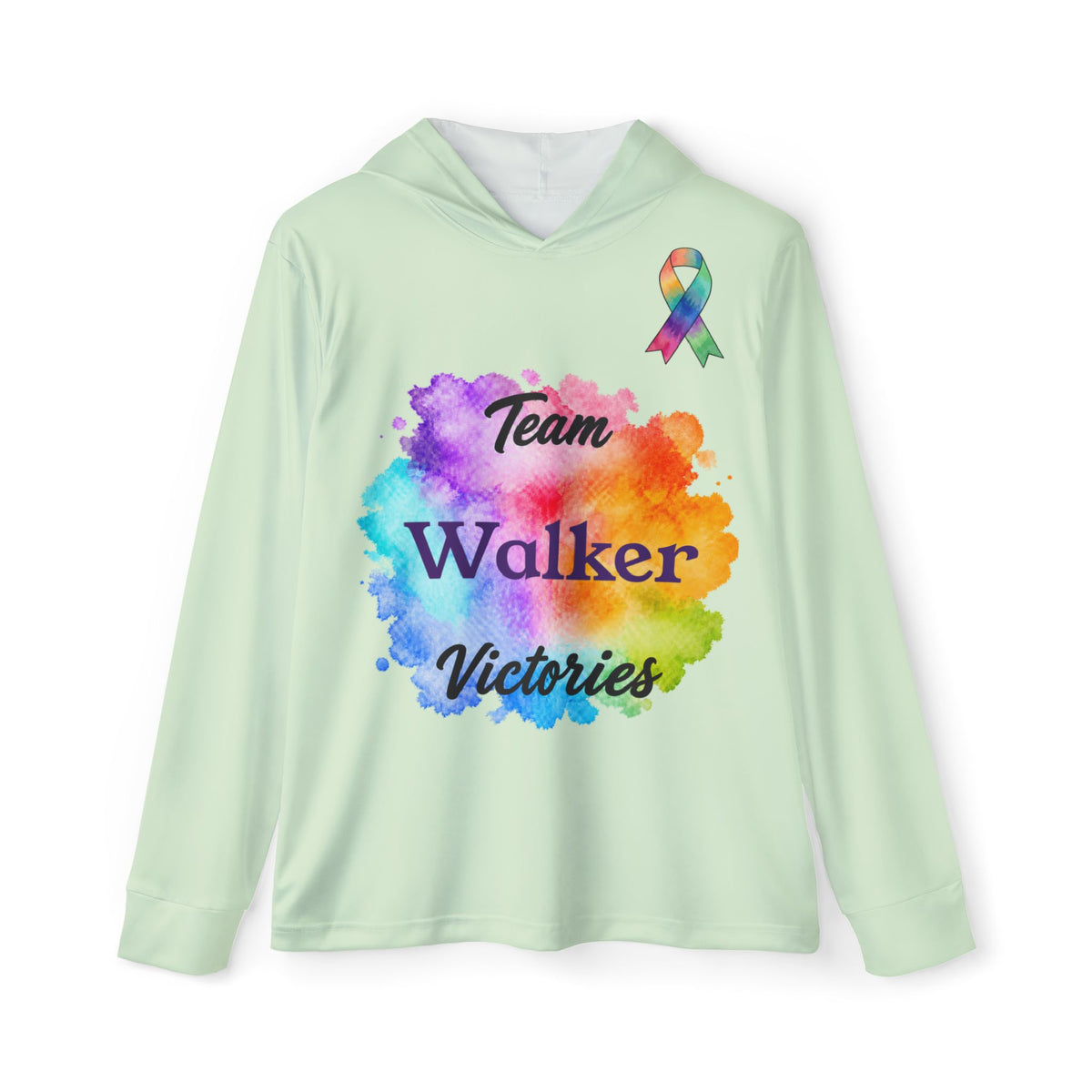 Light green Team Victories hoodie with colourful Team Walker Victories chest artwork and awareness ribbon