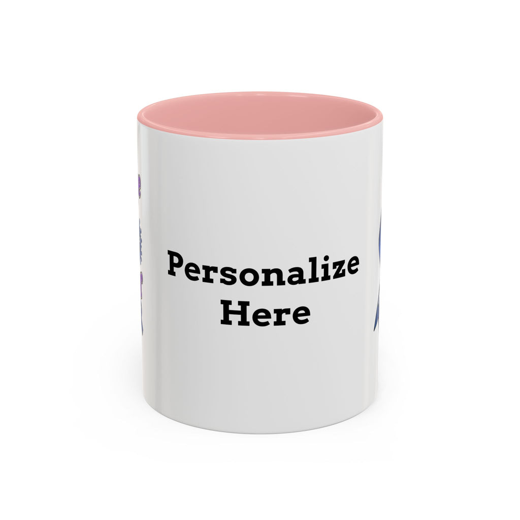 Moooove Over Cancer mug showing blue Colon Cancer awareness ribbon and pink handle