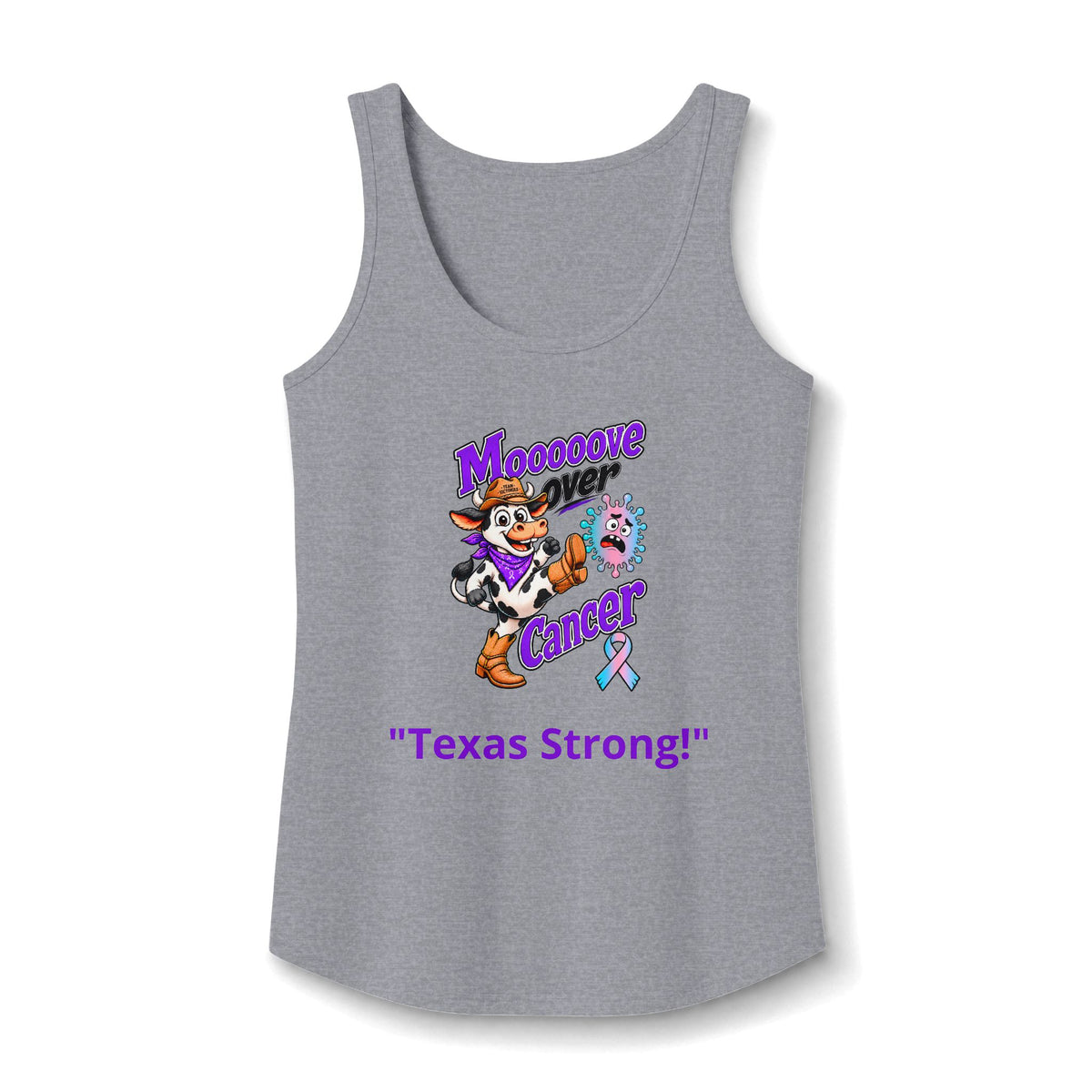 Moooove Over Cancer Texas Strong tank top with Thyroid Cancer awareness ribbon, heather gray