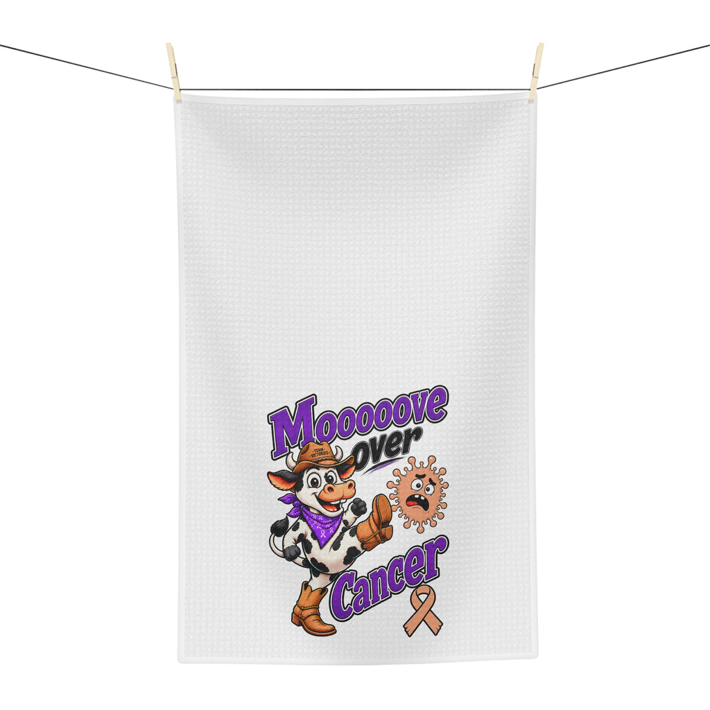 Moooove Over Cancer tea towel hanging outdoors with colorful cowgirl cow cancer artwork