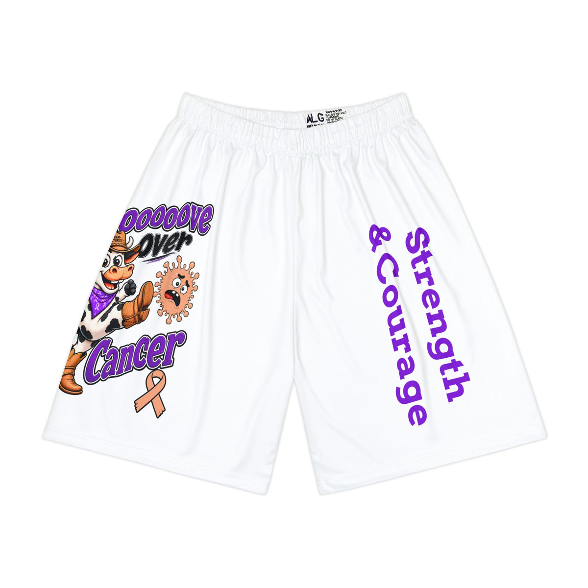Moooove Over Cancer sports shorts with cow artwork, purple Strength & Courage text, and awareness ribbon