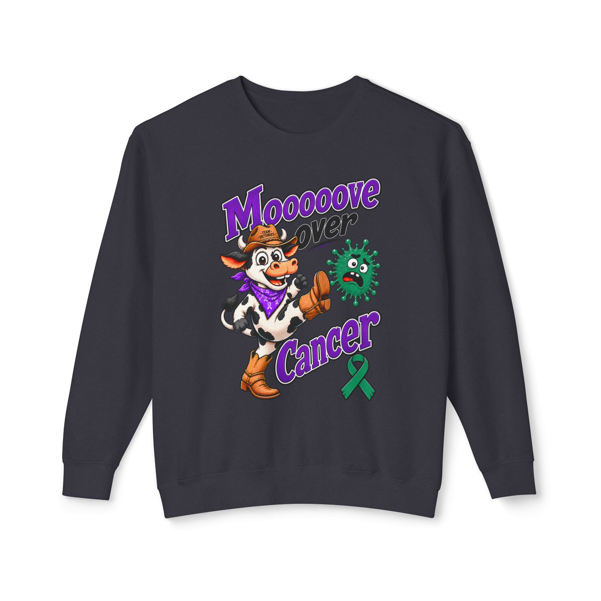 Moooove Over Cancer cow graphic and Liver Cancer awareness ribbon on a dark sweatshirt
