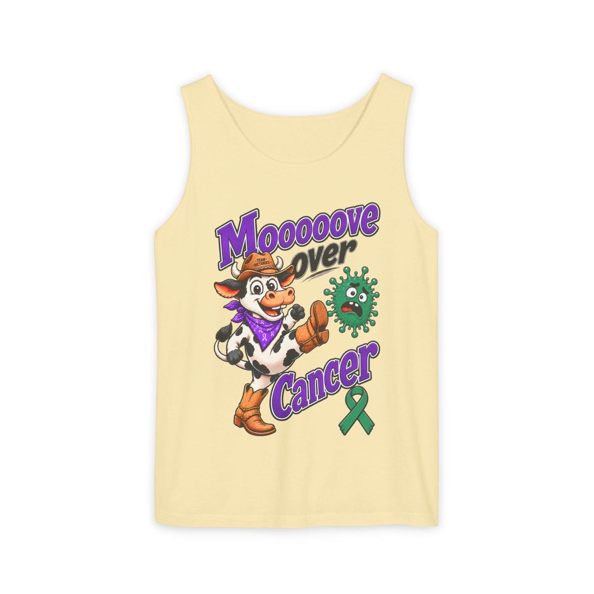 Yellow Moooove Over Cancer tank top with cow graphic and Liver Cancer awareness ribbon