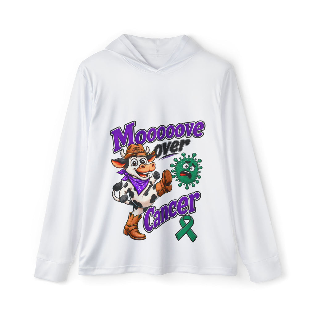 White Moooove Over Cancer warmup hoodie with colorful western character and green awareness ribbon