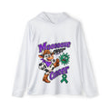 White Moooove Over Cancer warmup hoodie with colorful western character and green awareness ribbon