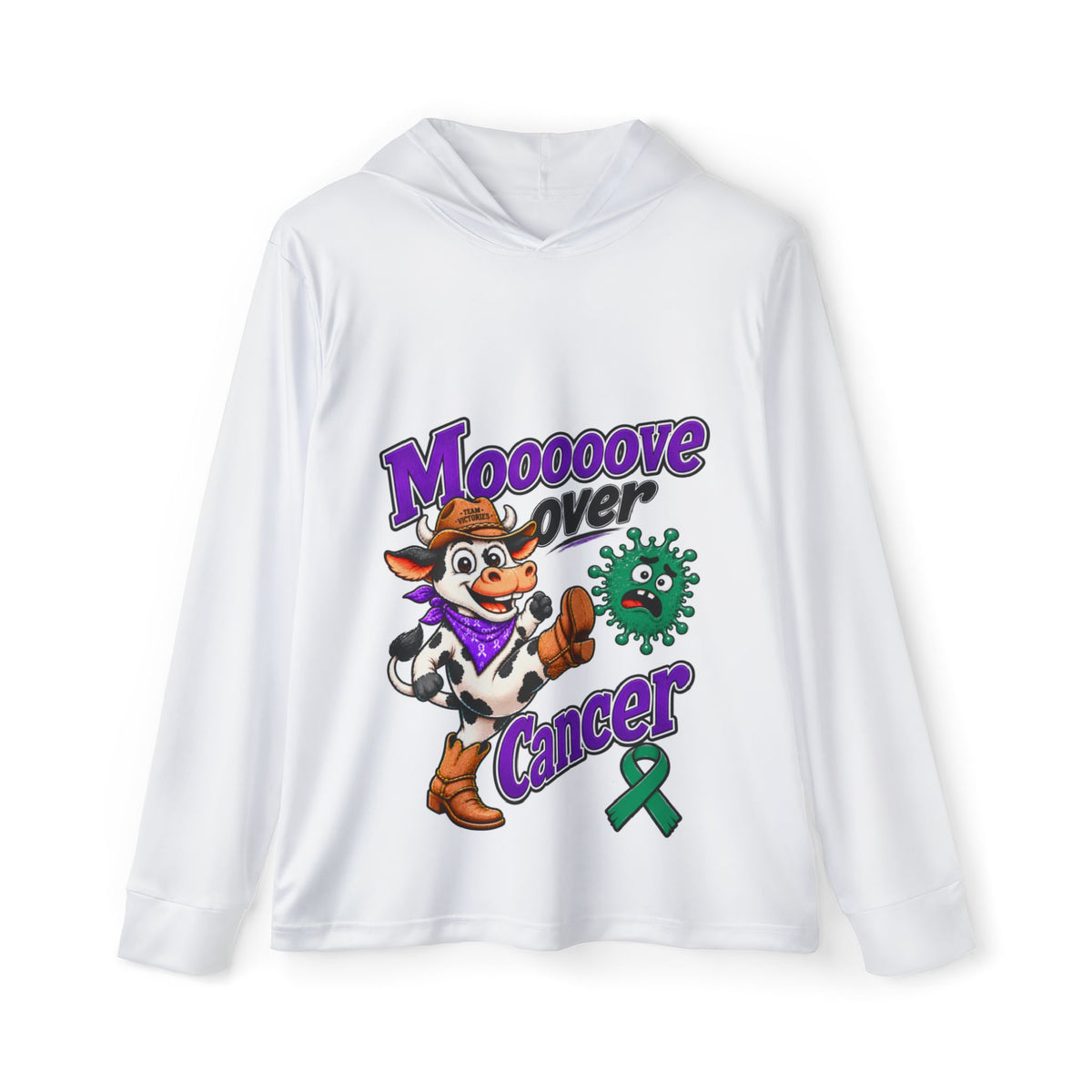 White Moooove Over Cancer warmup hoodie with colorful western character and green awareness ribbon