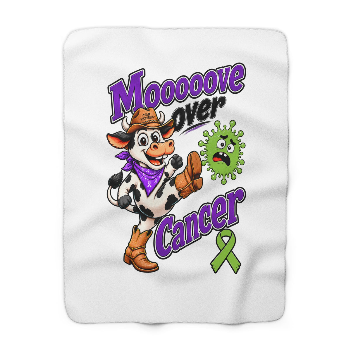 Moooove Over Cancer sherpa blanket with cow design and Non-Hodgkin/Lymphoma Cancer awareness ribbon