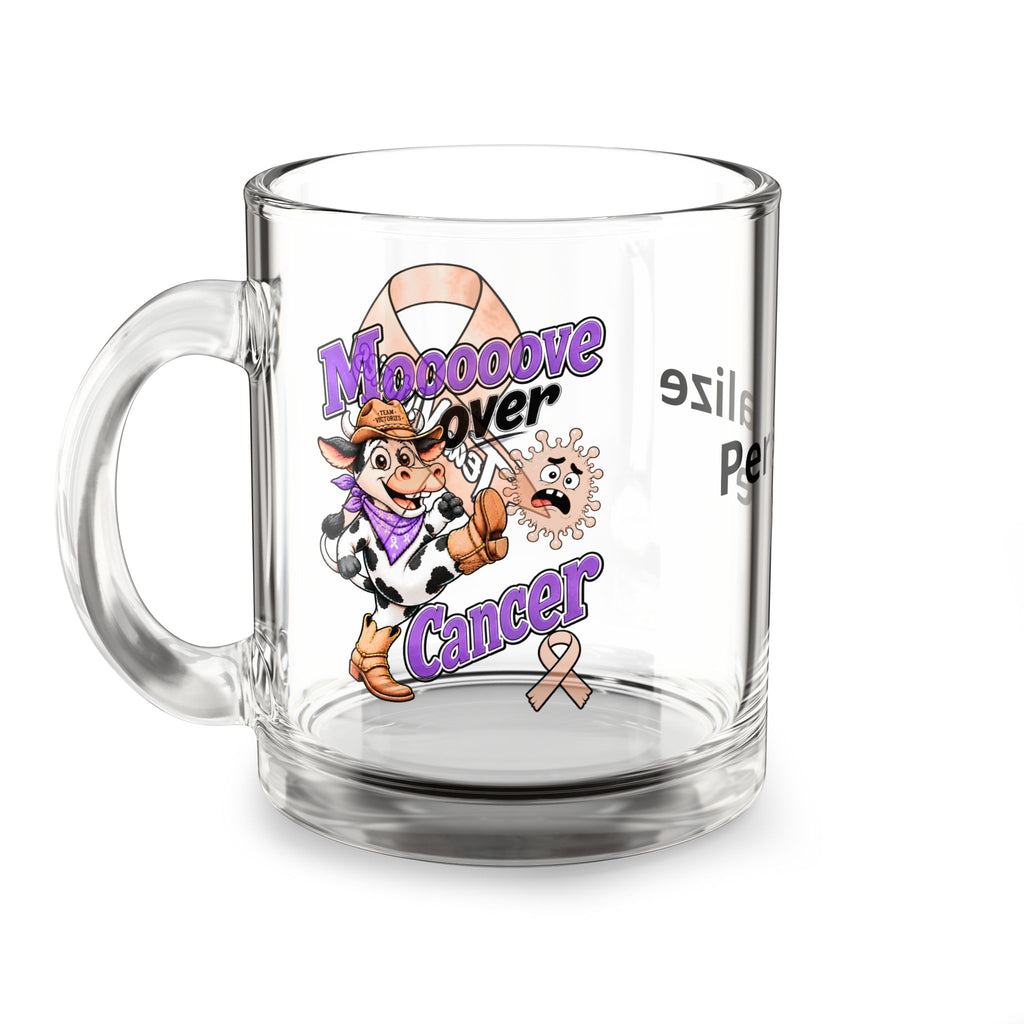 Moooove Over Cancer 10 oz glass mug with colorful cow-themed cancer-awareness ribbon design