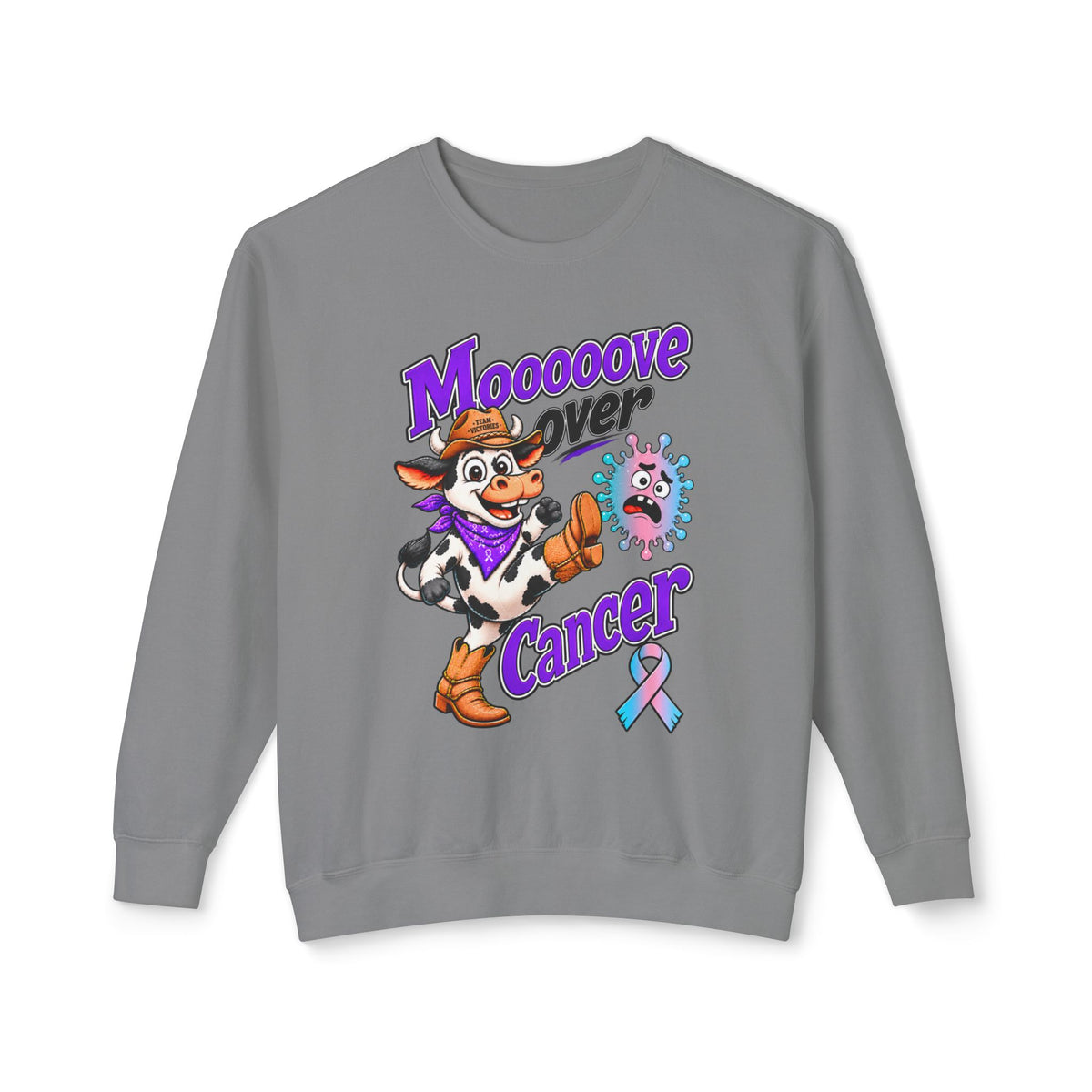 Moooove Over Cancer gray sweatshirt with cow artwork and Thyroid Cancer awareness ribbon