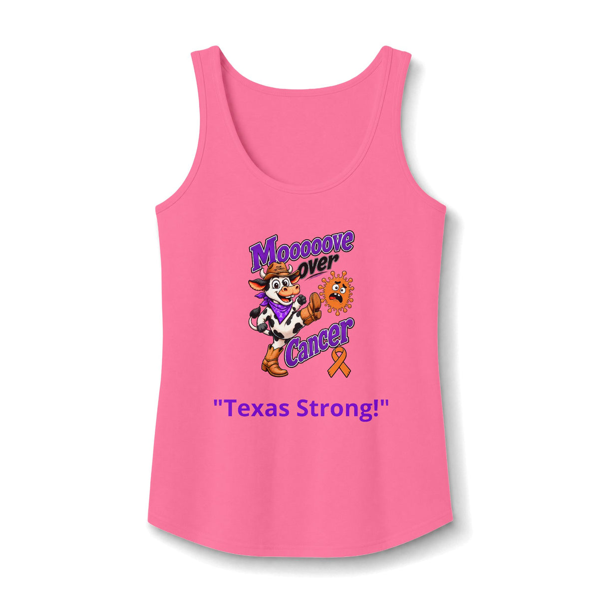 Moooove Over Cancer Texas Strong tank top with Leukemia/Kidney Cancer awareness ribbon, pink front