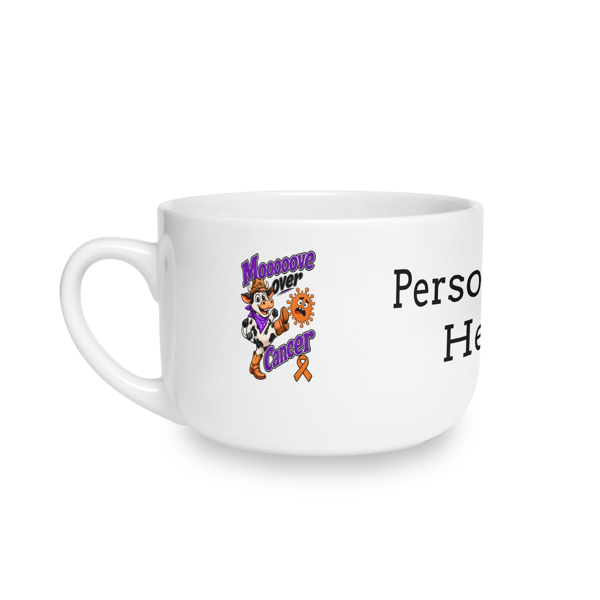 Moooove Over Cancer personalized 25 oz latte mug with Leukemia/Kidney Cancer awareness ribbon
