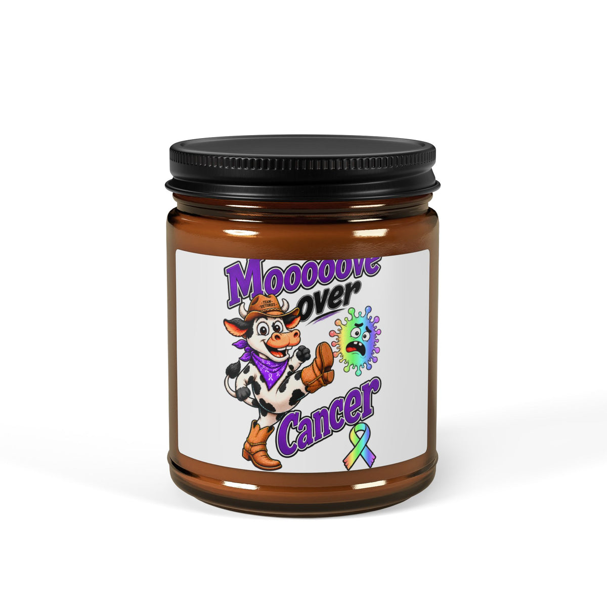 Moooove Over Cancer 9oz amber jar soy candle with all-cancer awareness ribbon design