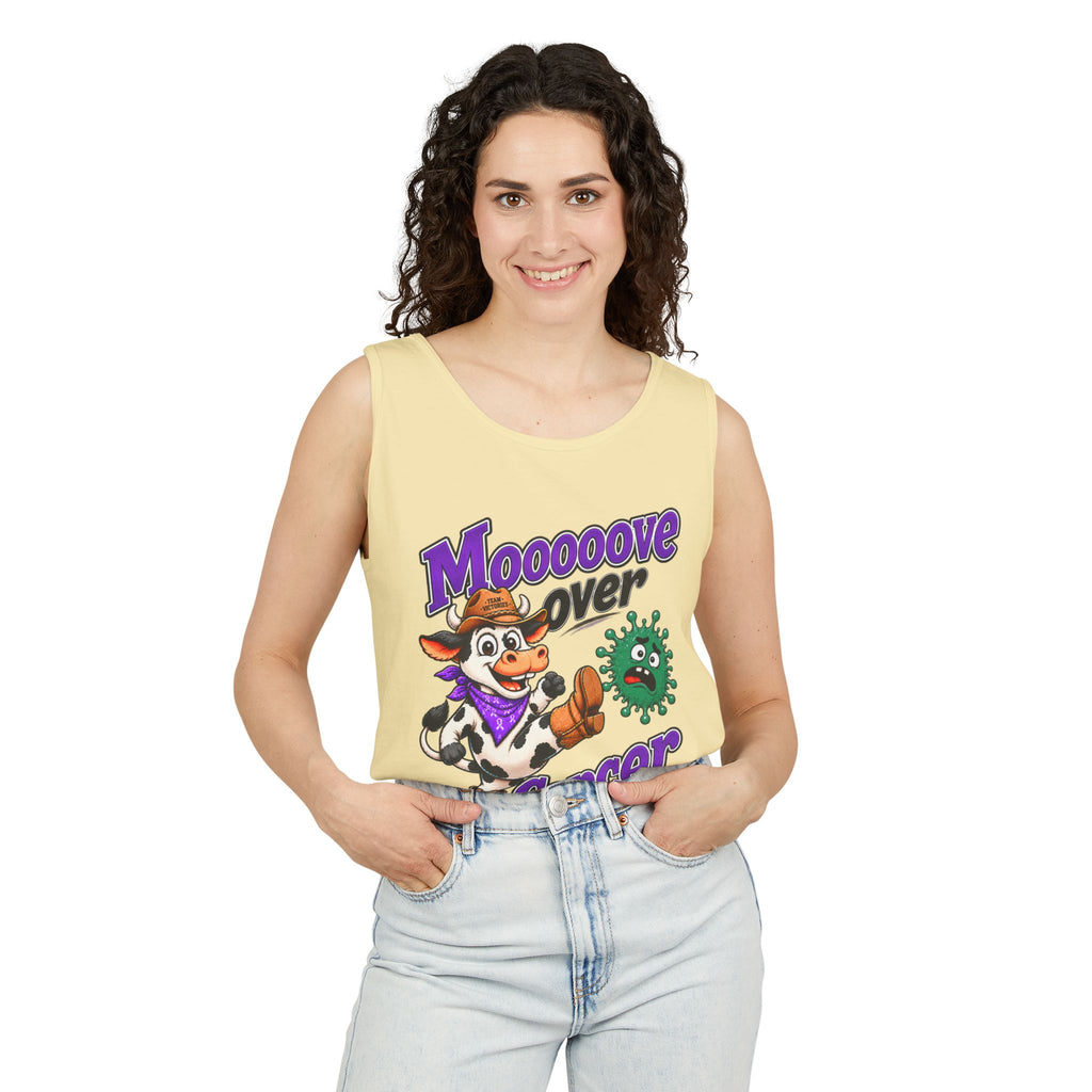 Woman wearing yellow Moooove Over Cancer tank top with cow design and Liver Cancer awareness ribbon