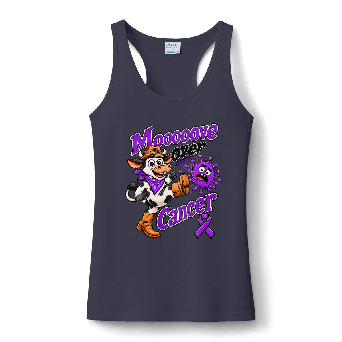 Moooove Over Cancer women's performance tank with Pancreatic Cancer awareness artwork in charcoal