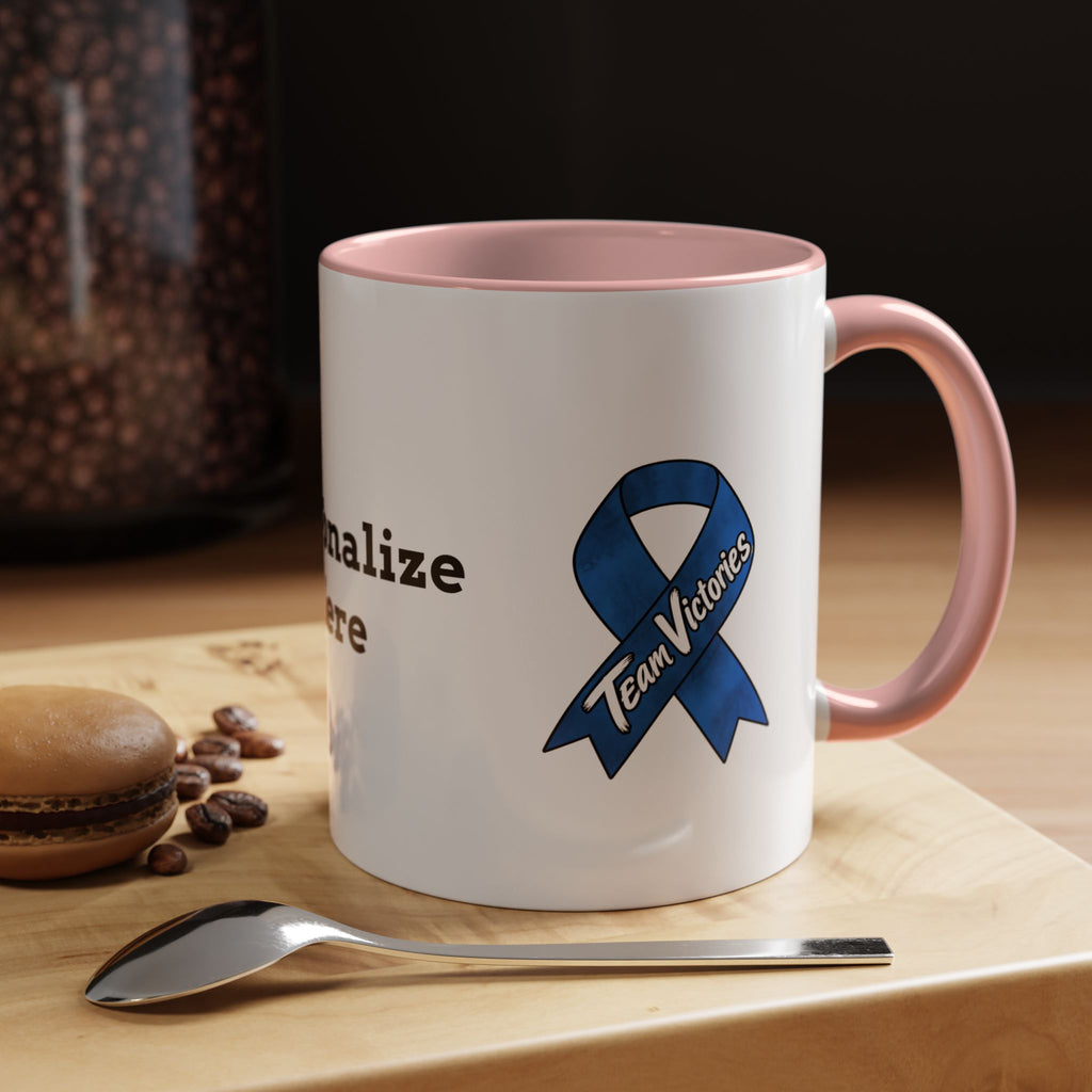 Moooove Over Cancer mug with pink accents and Colon Cancer awareness ribbon