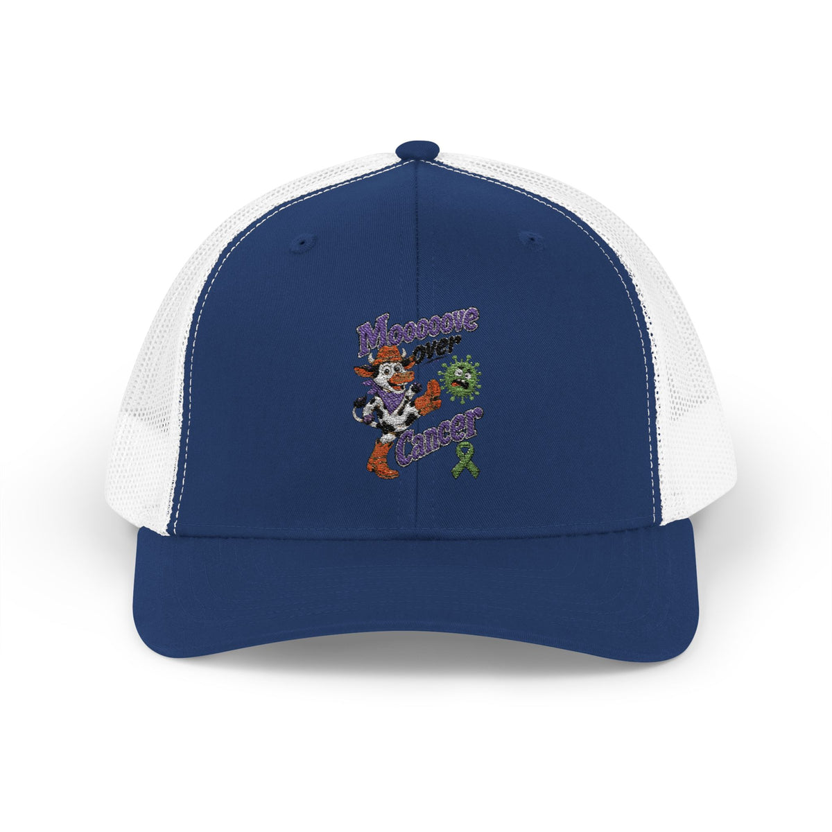 Front-angle view of Moooove Over Cancer trucker hat with cow artwork and awareness ribbon