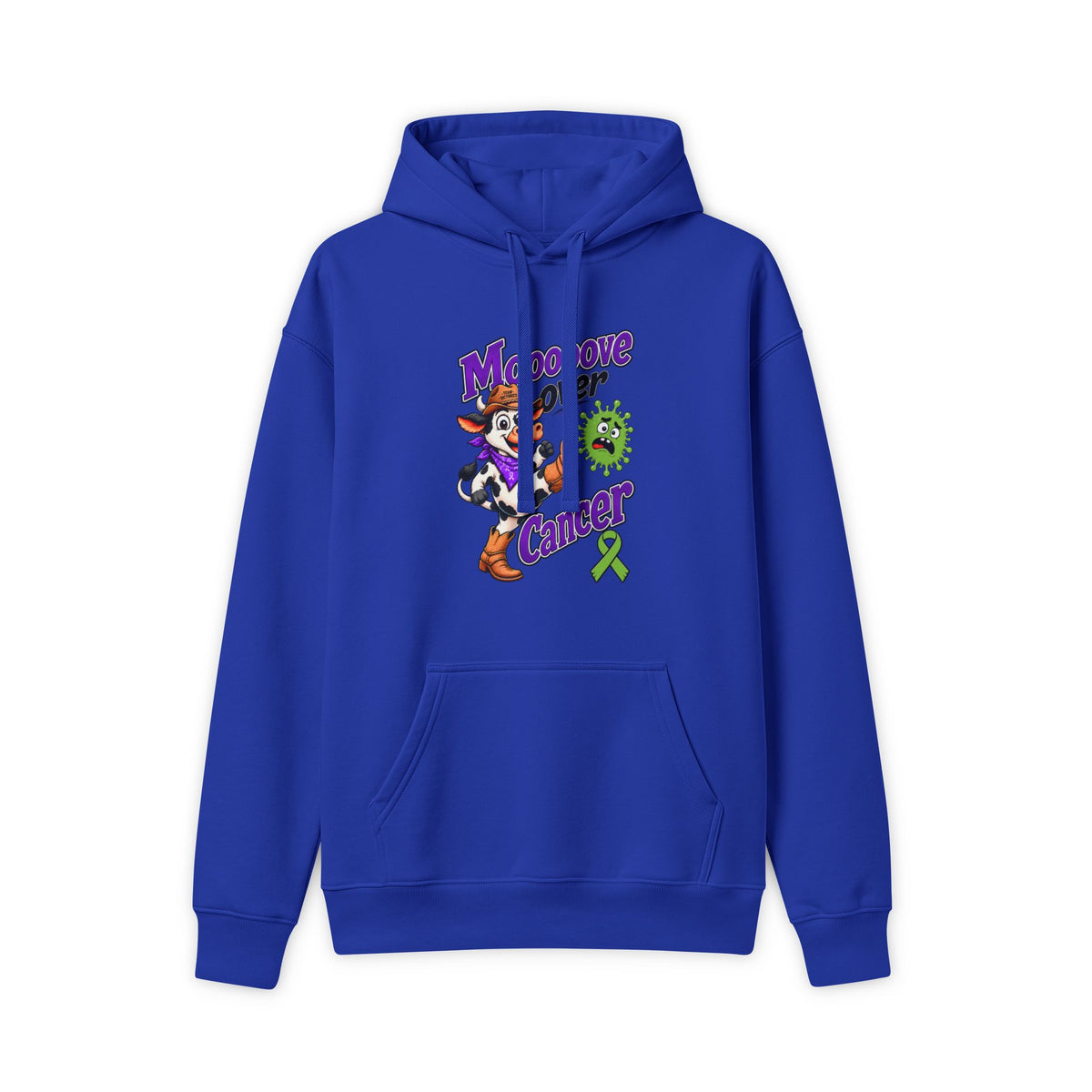 Moooove Over Cancer hoodie with Non-Hodgkin/Lymphoma Cancer awareness ribbon, blue front view